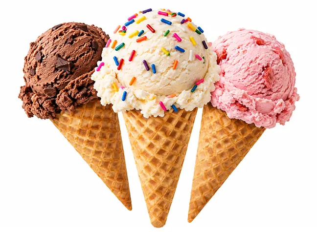 Three ice cream cones with one scoop of ice cream on each cone