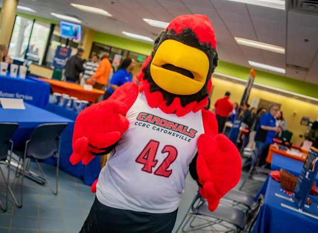 CCBC Catonsville's mascot in the cafeteria entrance.