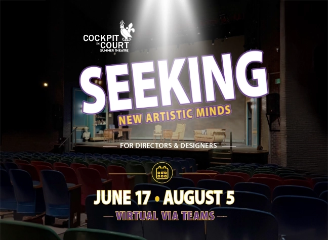 Background of Theatre behind words "Seeking new artistic minds"