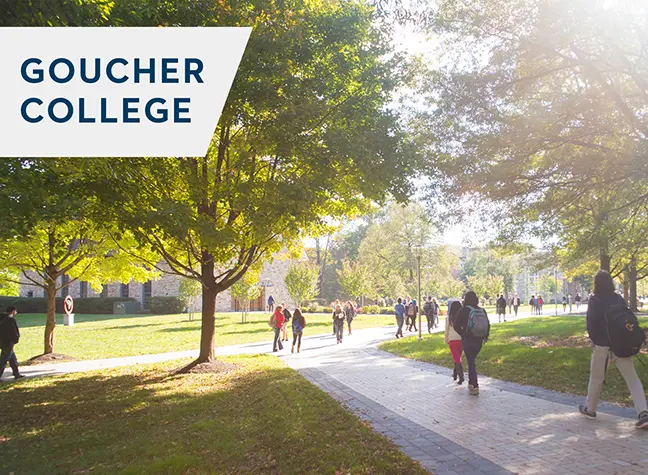 Goucher college's campus during a sunny day. The words "Goucher College" are in the top left corner.