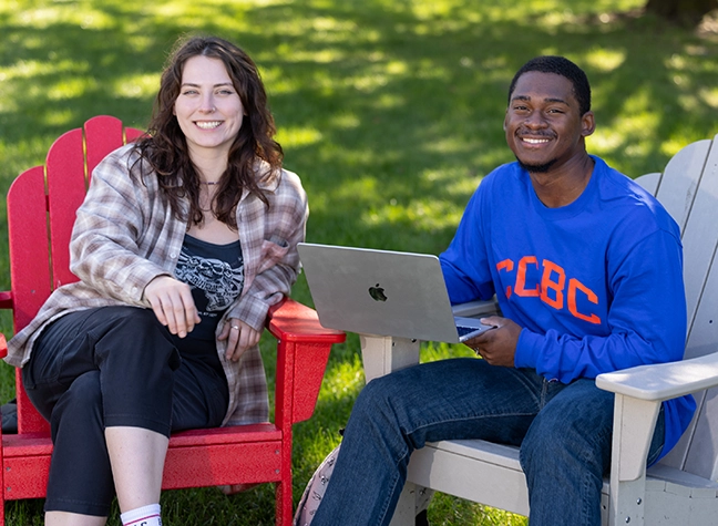     Students sitting outside working on a laptop.