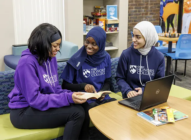 Three honors students studying together in lobby