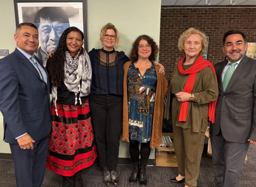 Keith Colston, administrative director for the Maryland Commission on Indian Affairs, poses at CCBC’s Indigenous Peoples’ Day Ceremony with (l-r) Courtney Sargent, Kim Jensen, Lauren Pollak, Sandra Kurtinitis, and Joaquin Martinez.
